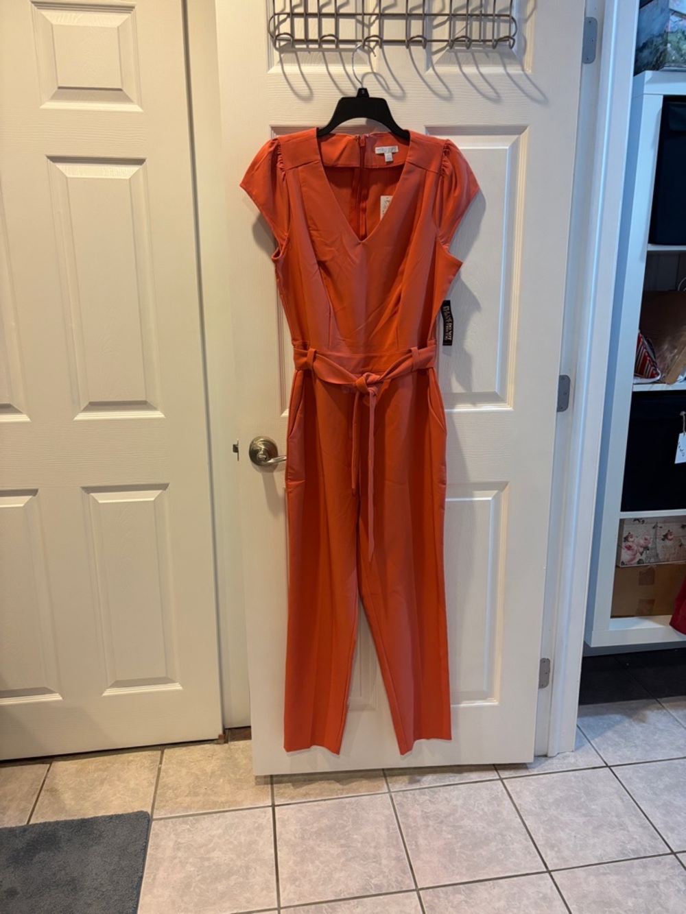New York & Company Coral Tie-Waist Short Sleeve Jumpsuit